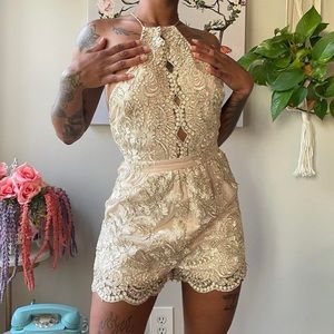 Xenia Boutique Metallic Gold Embroidered Romper